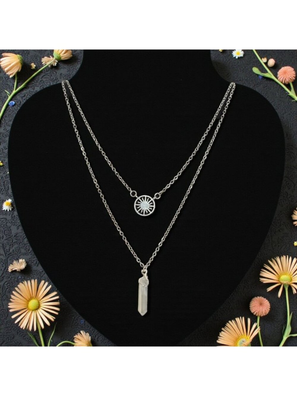 Clear Quartz Gemstone Crystal Layered Necklace Sun Charm Quartz Point Pendant Ce